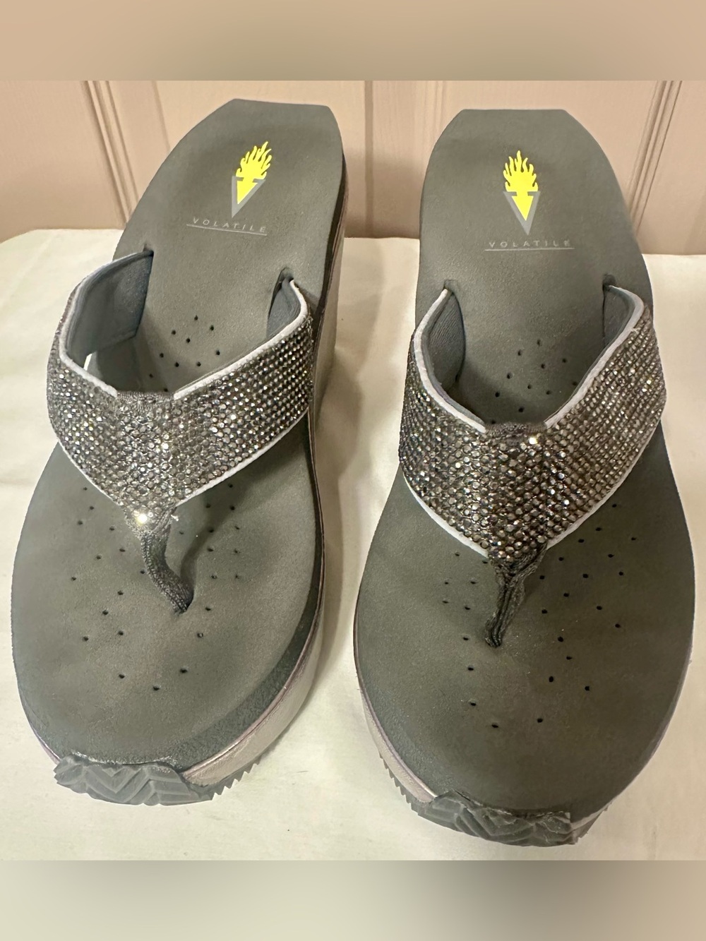 Volatile Gray Crystal Embellished Wedge Thong Sandals